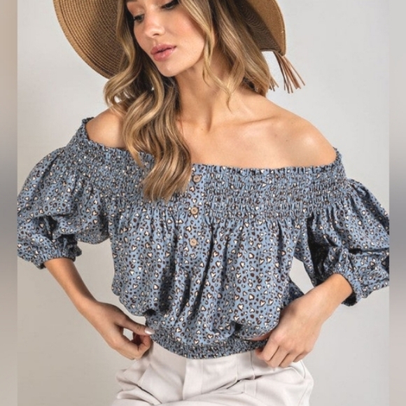 EE:SOME Smocked Leopard Heart Off Shoulder Puff Sleeve Top NWT - Picture 6 of 12